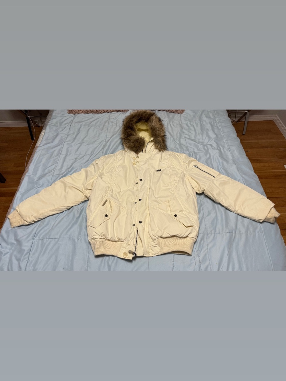 Men's Cream Hooded Puffer Bomber Jacket with Faux Fur Trim